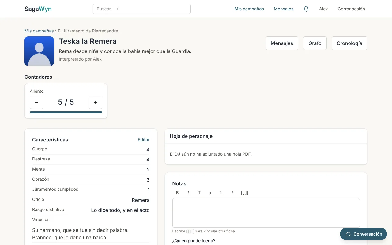 La ficha de un personaje vista por su jugador: contadores, conocimientos y posesiones.