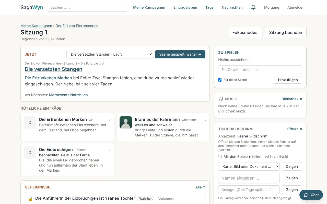 Der Sitzungsmodus von SagaWyn: die laufende Szene, ihre Charaktere und ihre Informationen.